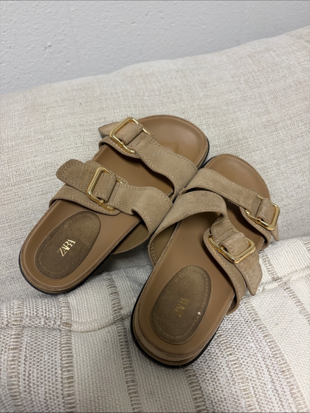 Zara Double Buckle Suede Slides in Taupe